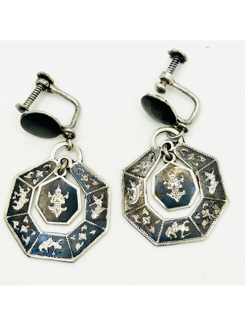 Vintage 40s Siam Sterling Silver Niello Thai Dancer Earrings